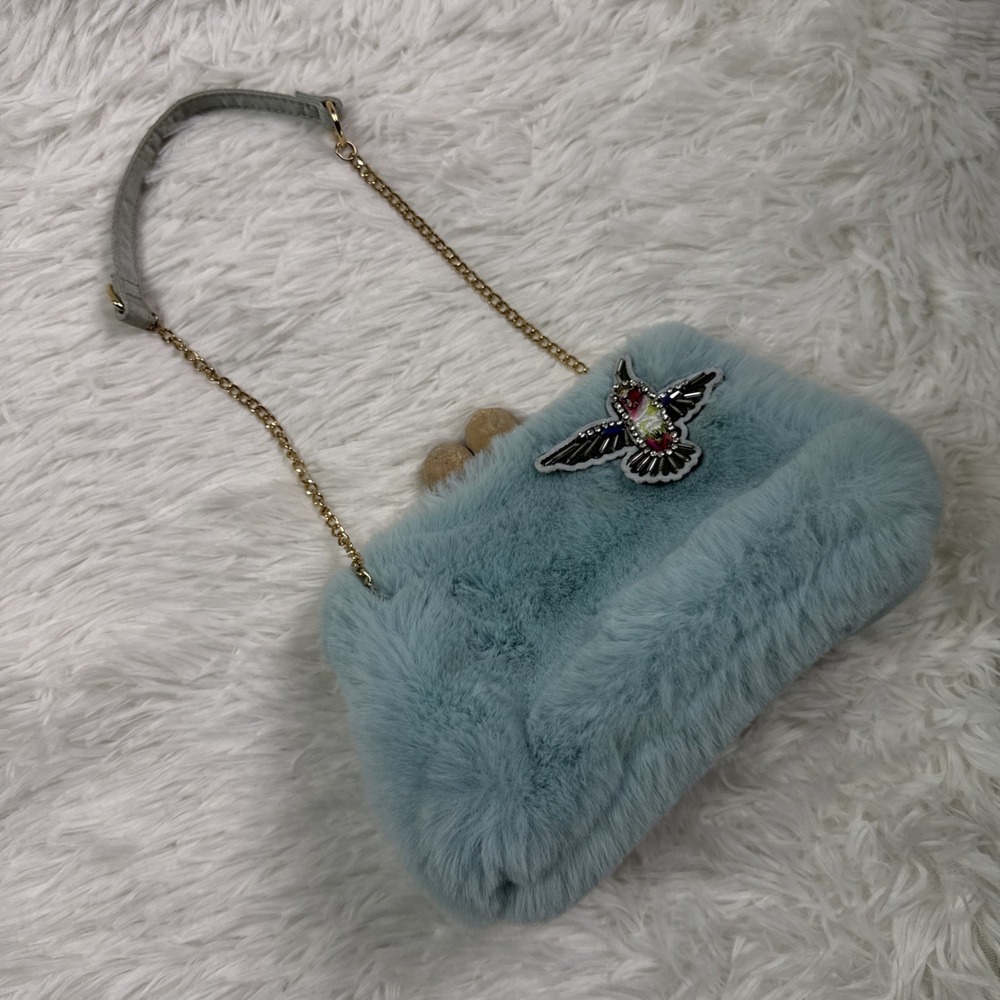 Vintage Blue Faux Fur Clamshell Handbag Bird Chain Strap Evening Purse